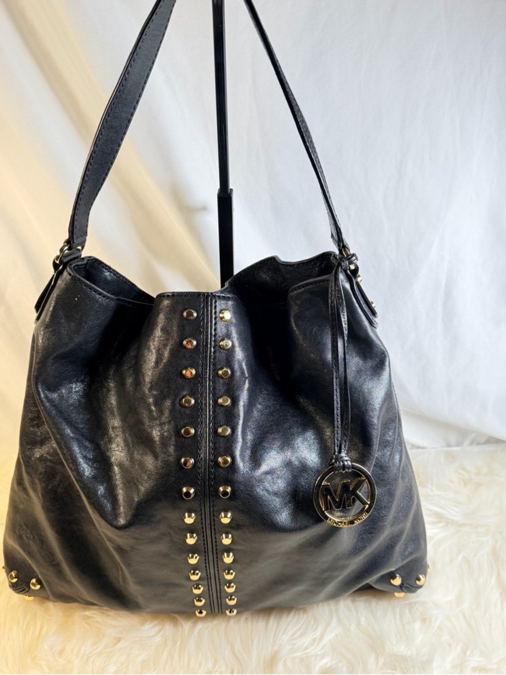 Michael Kors Uptown Astor Studded Hobo Bag Metallic Black Leather Gold Hardware